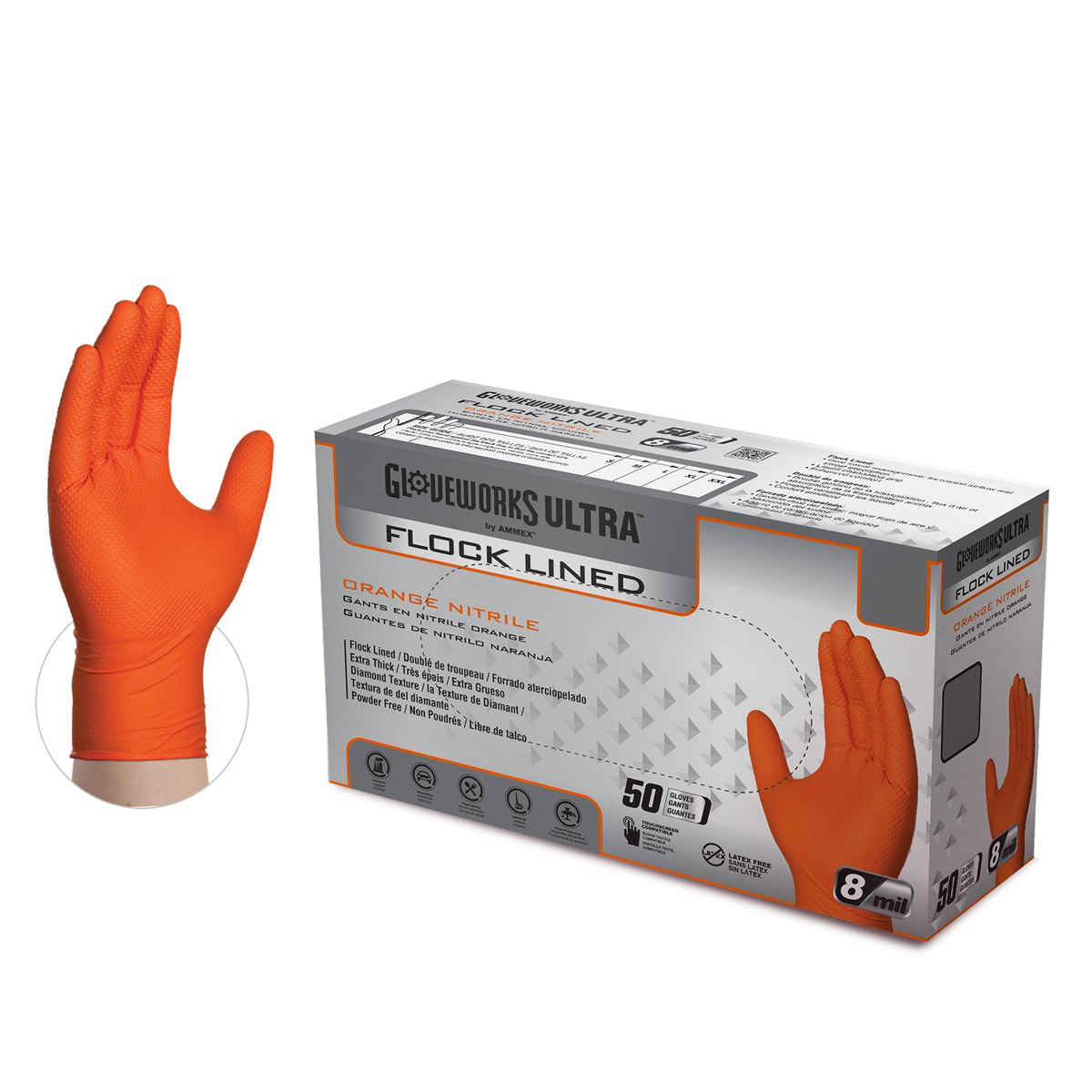 Gloveworks Ultra Flock Lined RDT Orange Nitrile Gloves - Medium