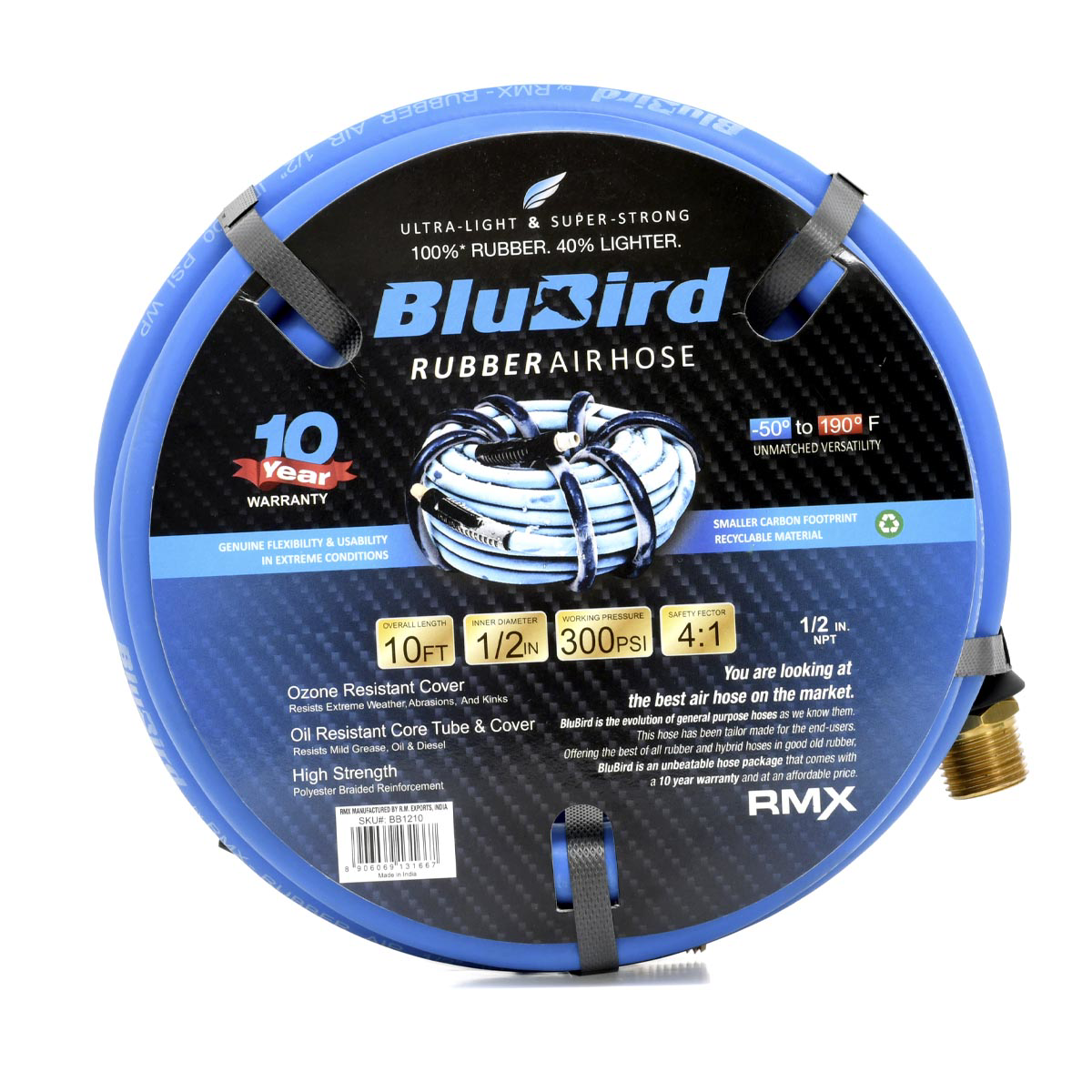 BluBird Rubber Air Hose Assembly 1/2" x 10'