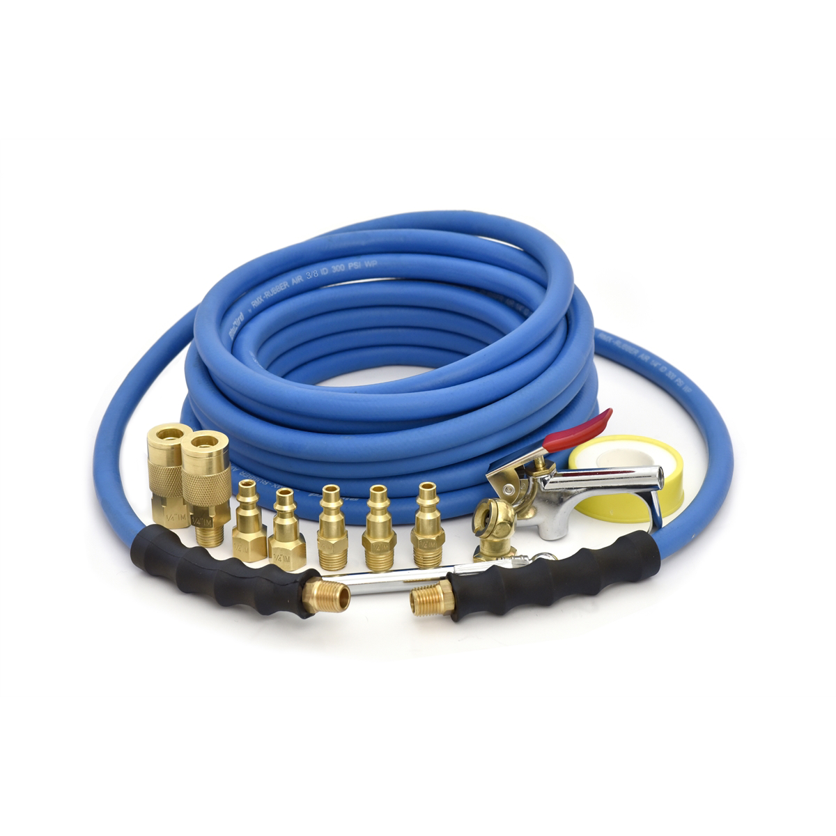 BluBird Rubber Air Hose Assembly 3/8" x 25' w/ 10 Pc Brass Accessory Kit
