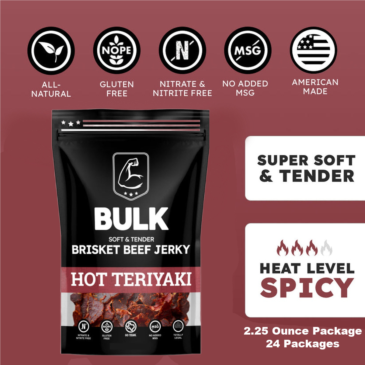 BULK Jerky Hot Teriyaki Brisket Beef Jerky - 2.25 ounce package (24 packages)