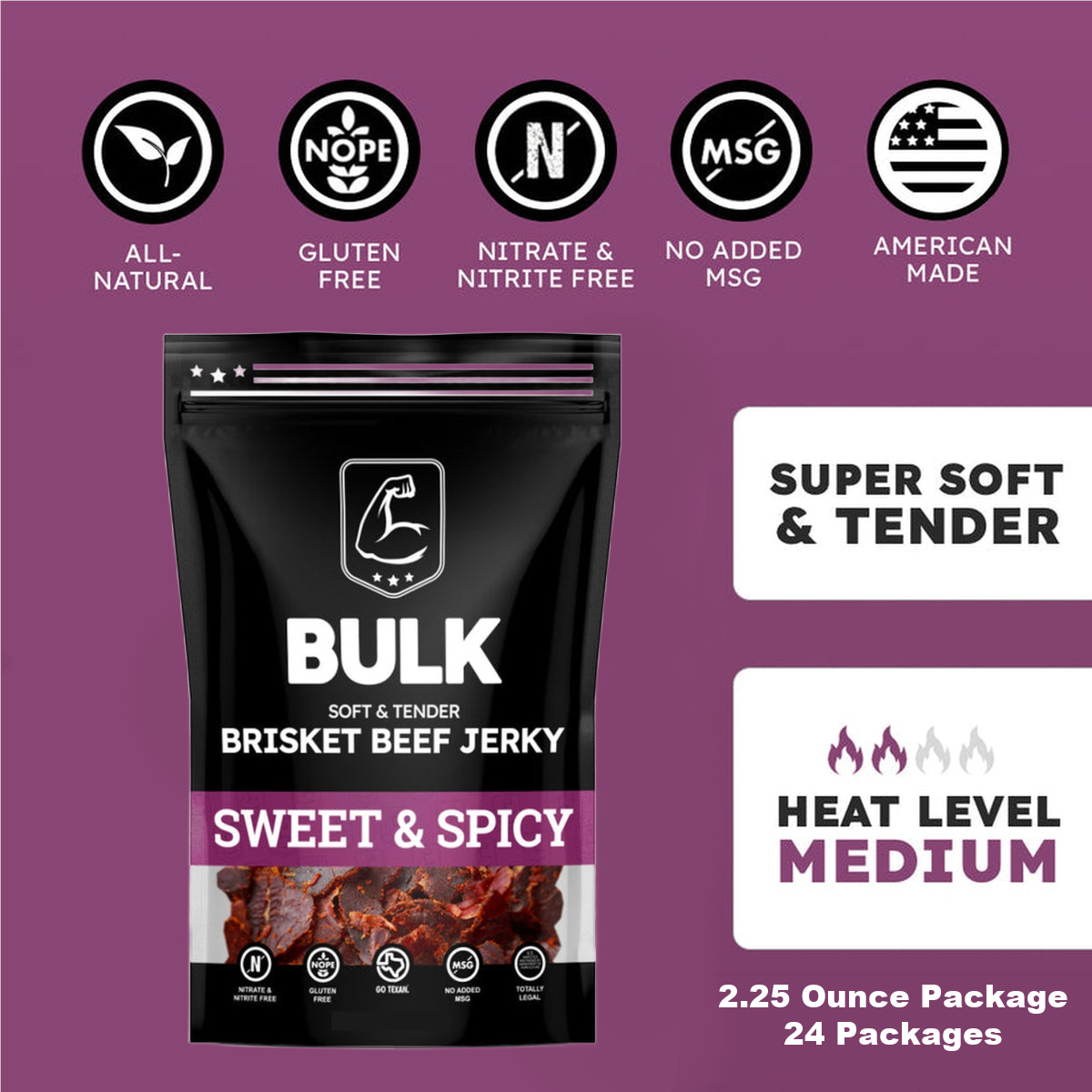 BULK Jerky Sweet & Spicy Brisket Beef Jerky - 2.25 ounce package (24 packages)