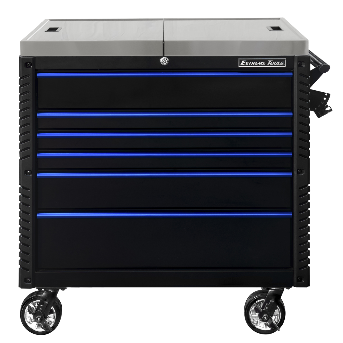 Extreme Tools EX Professional Series 41 Inch 6 Drawer Sliding Top Tool Cart with stainless steel work surface - Black with Blue Drawer Pulls