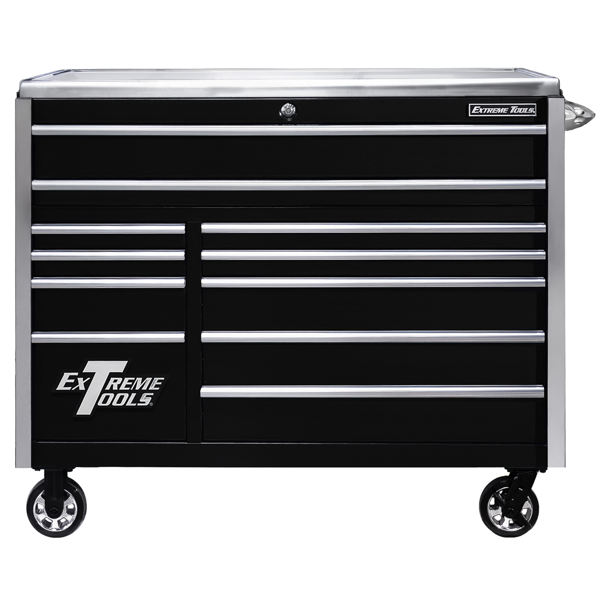 Extreme Tools EXQ Series 55inW x 30inD 11 Drawer Professional Roller Cabinet 300 lbs Slides Black with Chrome EX Quick Release Drawer Pulls and Trim