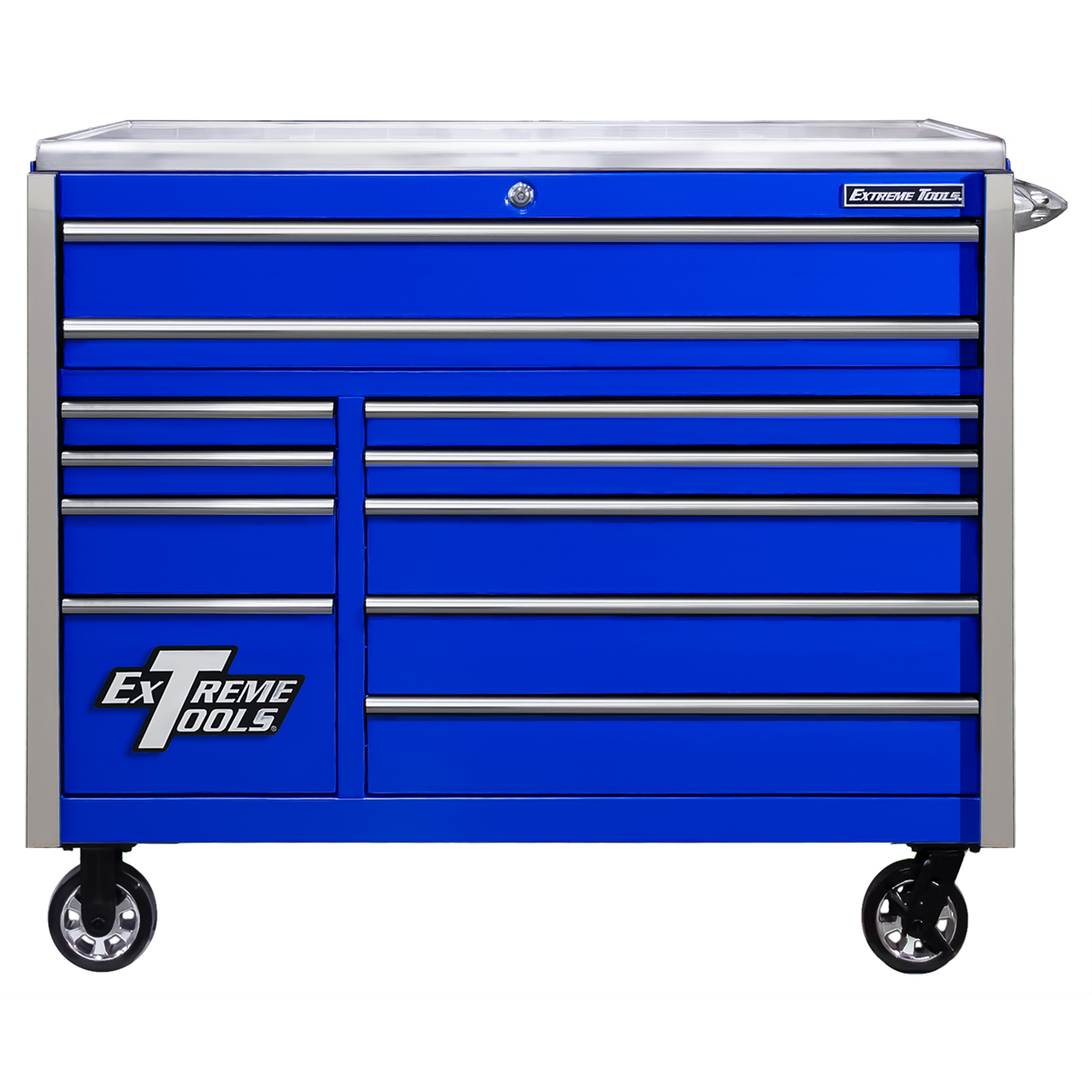 Extreme Tools EXQ Series 55inW x 30inD 11 Drawer Professional Roller Cabinet EX Quick Release Drawer Pulls 300 lbs Slides Blue with Chrome Handles and Trim