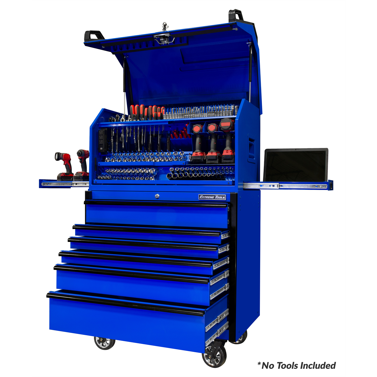 Extreme Tools PWS Series 41in W x 24in D Extreme Portable Workstation and 41in W x 25in D 6-Drawer Roller Cabinet Combo, Gloss Blue w Black Drawer Pulls