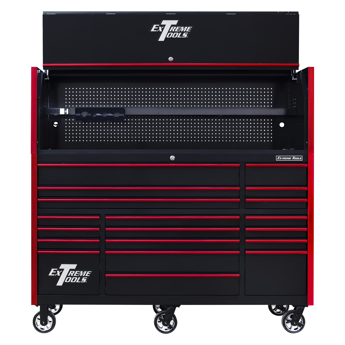 Extreme Tools RX Series 72"W x 30"D Pro Hutch & 19 Drawer Roller Cabinet Combo; Black w/ Red Drawer Pulls