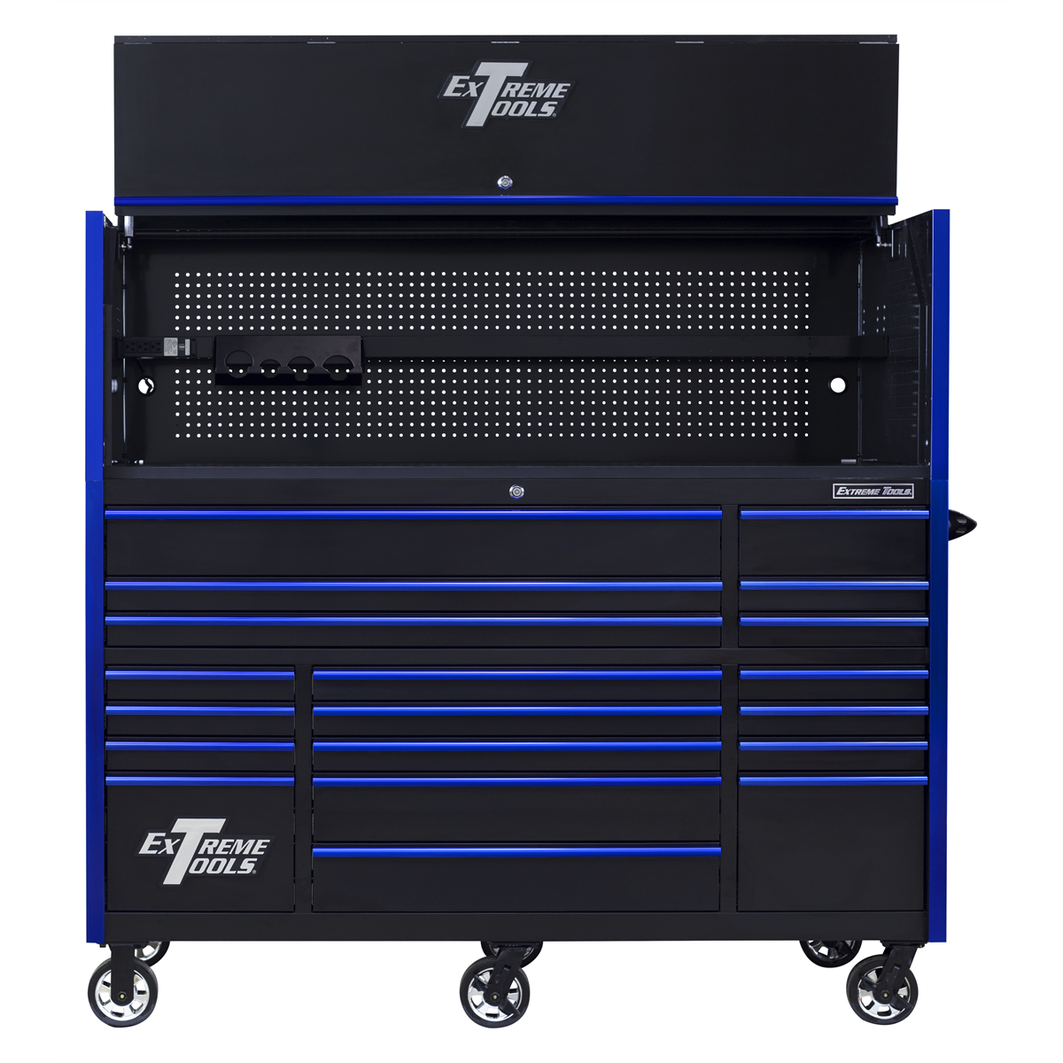 Extreme Tools RX Series 72"W x 30"D Pro Hutch & 19 Drawer Roller Cabinet Combo; Black w Blue Drawer Pulls