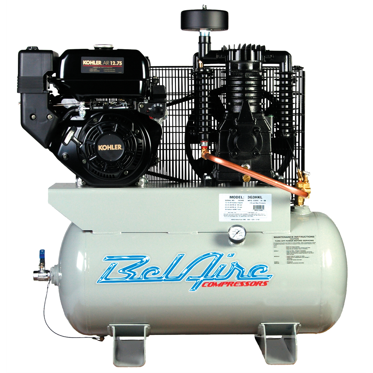 IMC (Belaire) 14 HP 30 Gallon 175 PSI Air Compressor 14 HP Kohler Command Gas Drive 30 Gallon Horizontal 175 PSI 22 CFM T39 Pump