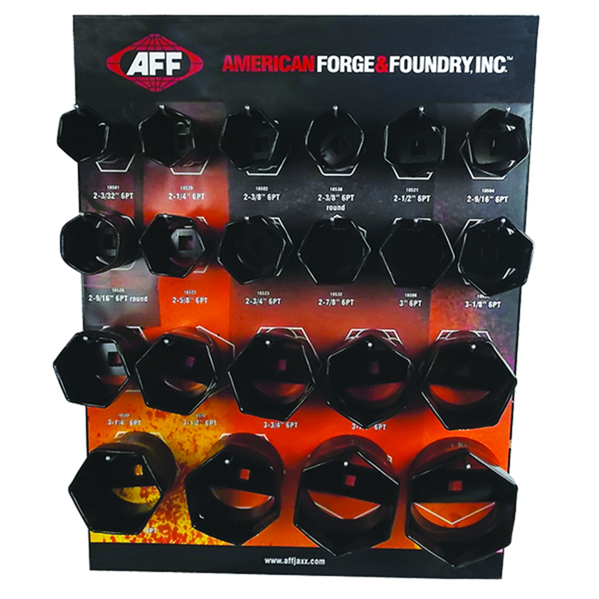 American Forge & Foundry Axle Nut Socket Display Kit - 6 pt - Includes Quantity 21, 6 Point Axle Nut Sockets and Display Board