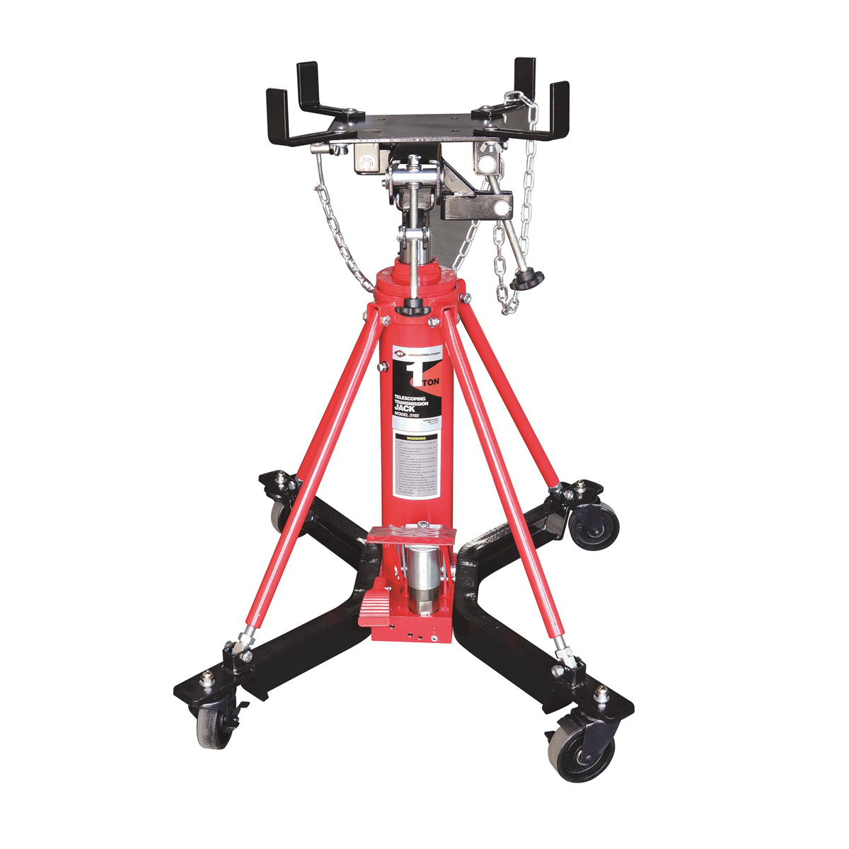 American Forge & Foundry Transmission Jack - Hydraulic - Telescopic - Two Stage - 2,000 Lbs. Capacity - 37" Min H to 76" High H - Manual Foot Pedal - Double Pump Quick Lift
