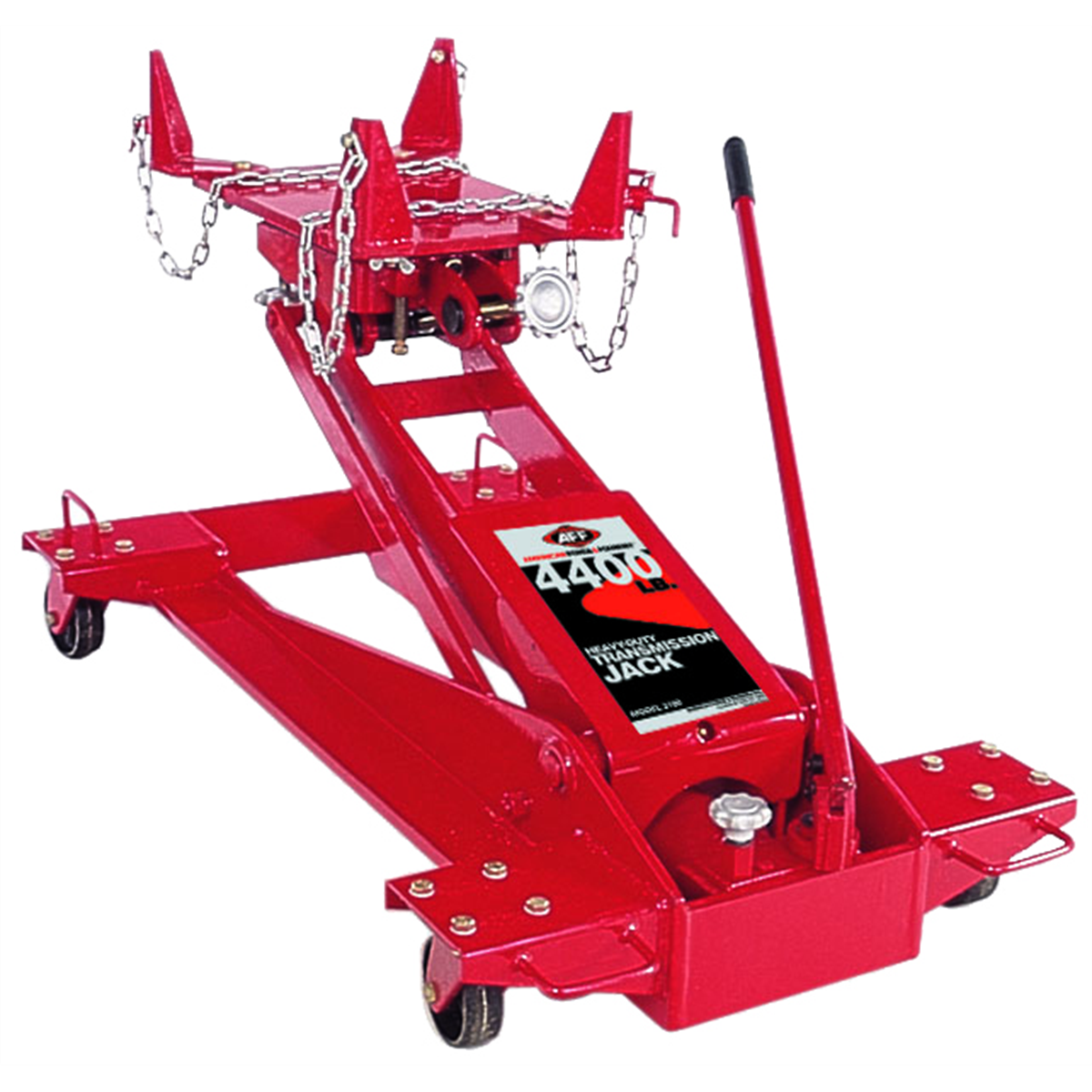 American Forge & Foundry Transmission Jack - Hydraulic - Floor Style - Square Style W/ Tool Trays - 4,400 Lbs. Capacity - 8.5" Min H to 34" High H - Manual Hand Pump - Heavy Duty