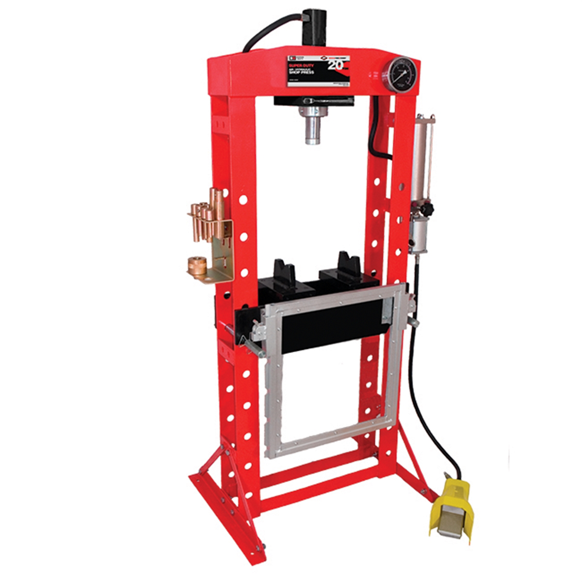 American Forge & Foundry Shop Press - 20 Ton Capacity - Foot Operated Air Motor/Manual Pump W/ Hydraulic Ram - Built In Polycarbonate Press Guard - 10 pc Pin & Bearing Press Adapter Set Included - SUPER DUTY