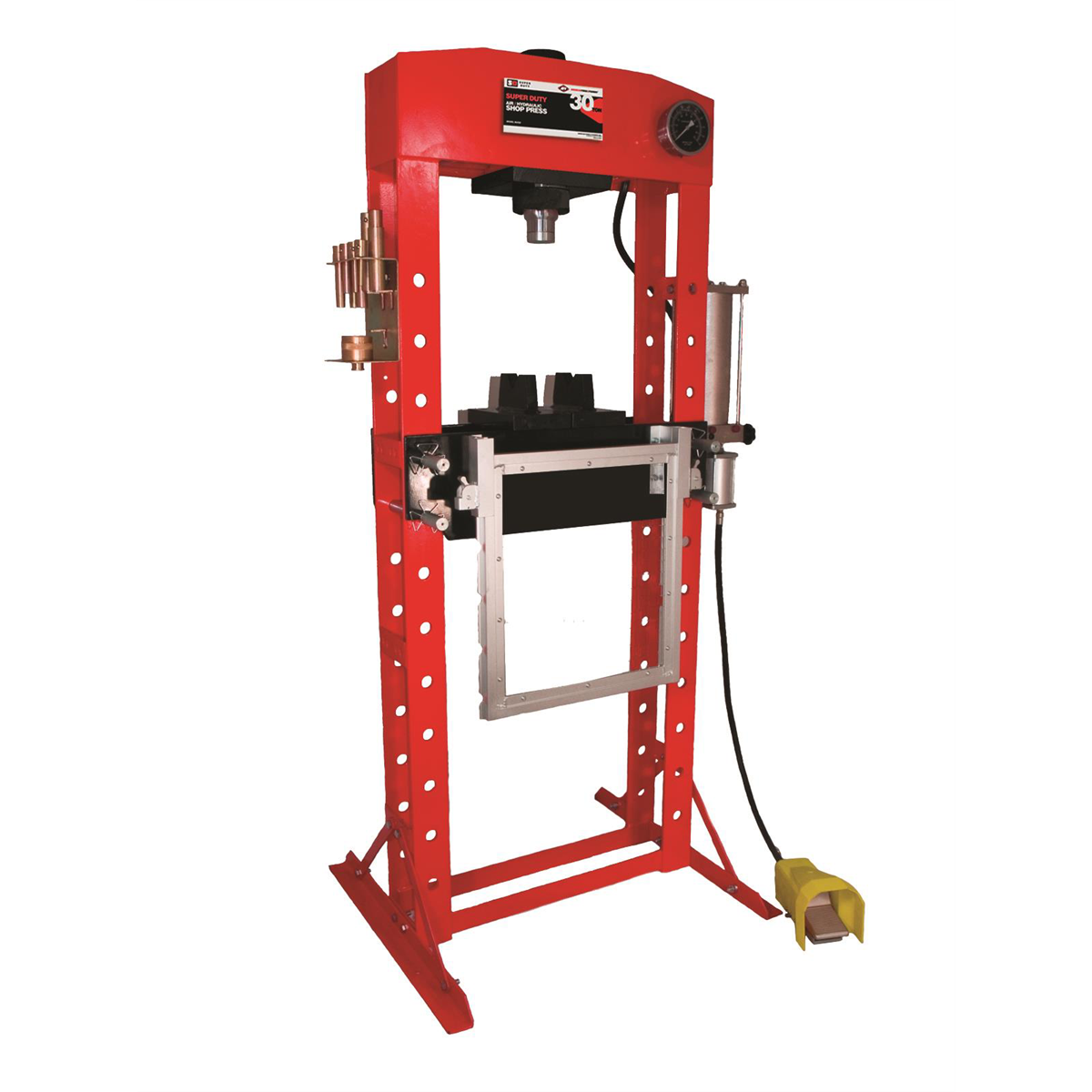 American Forge & Foundry Shop Press - 30 Ton Capacity - Foot Operated Air Motor/Manual Pump W/ Hydraulic Ram - Built In Polycarbonate Press Guard - 10 pc Pin & Bearing Press Adapter Set Included - SUPER DUTY