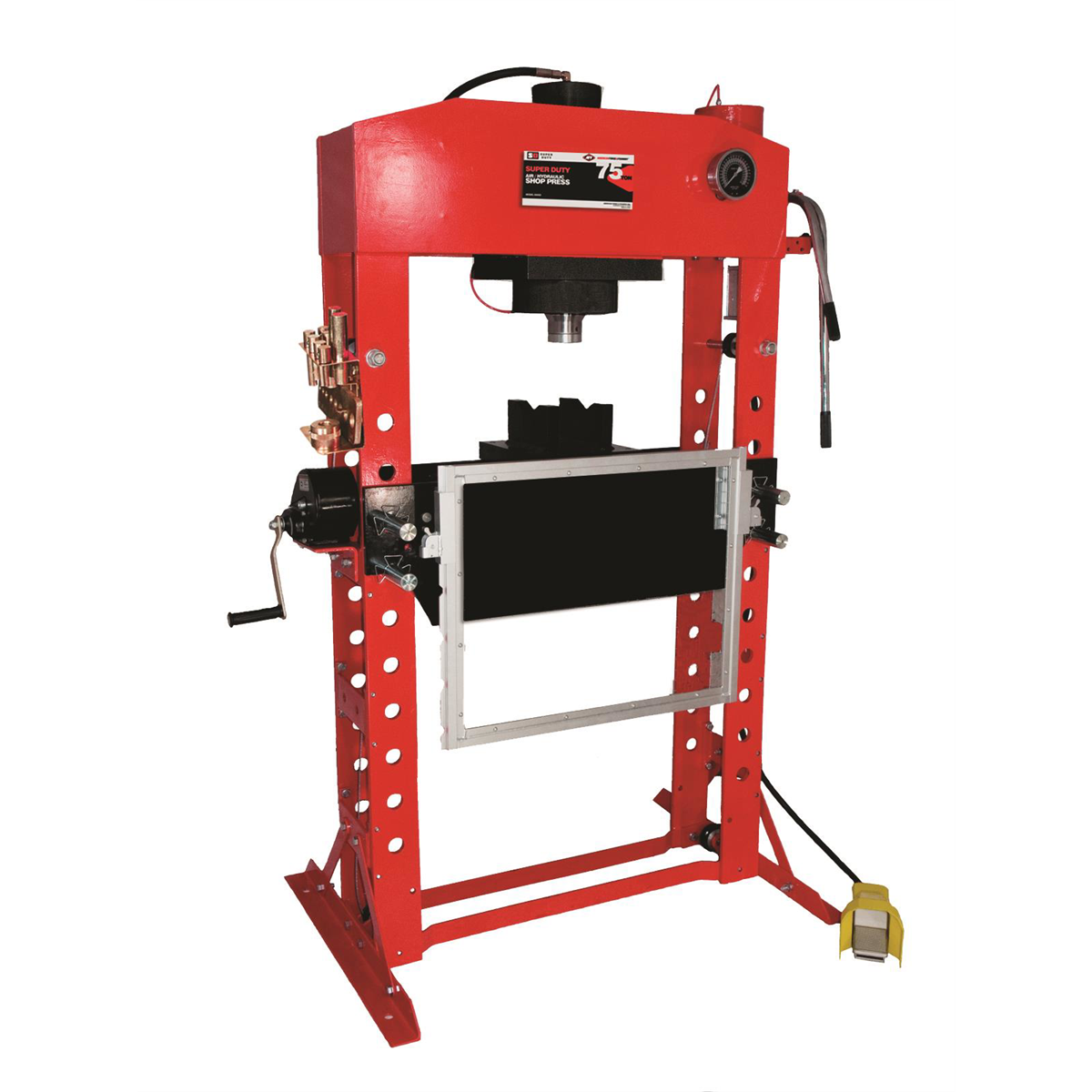 American Forge & Foundry Shop Press - 75 Ton Capacity - Foot Operated Air Motor/Manual Pump W/ Hydraulic Ram - Built In Polycarbonate Press Guard - 10 pc Pin & Bearing Press Adapter Set Included - SUPER DUTY