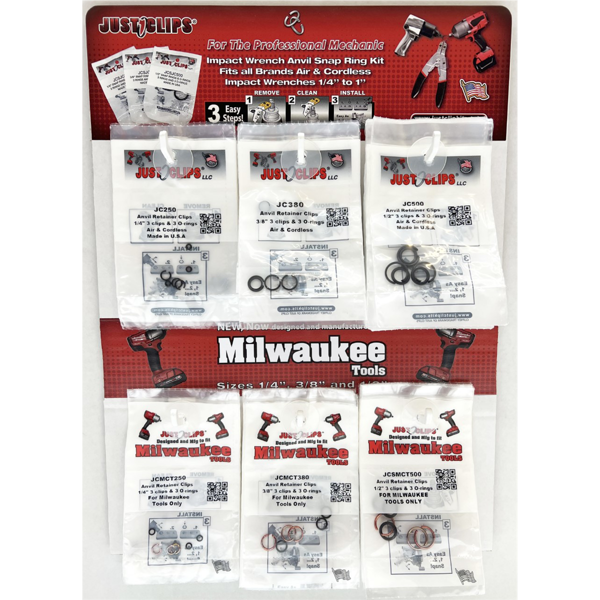 Just Clips 6 Hook Display of Milwaukee and Just Clips Snap rings and o-rings. 1/4" , 3/8" & 1/2" in both sytles
