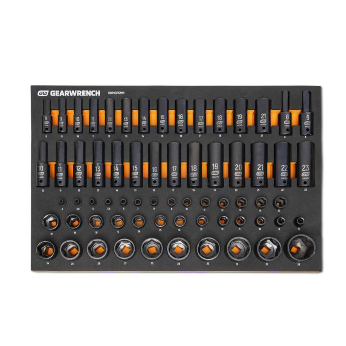 GearWrench 66 Piece 1/4", 3/8", 1/2" Drive 6 Point Metric Impact Socket Set in Foam Storage Tray