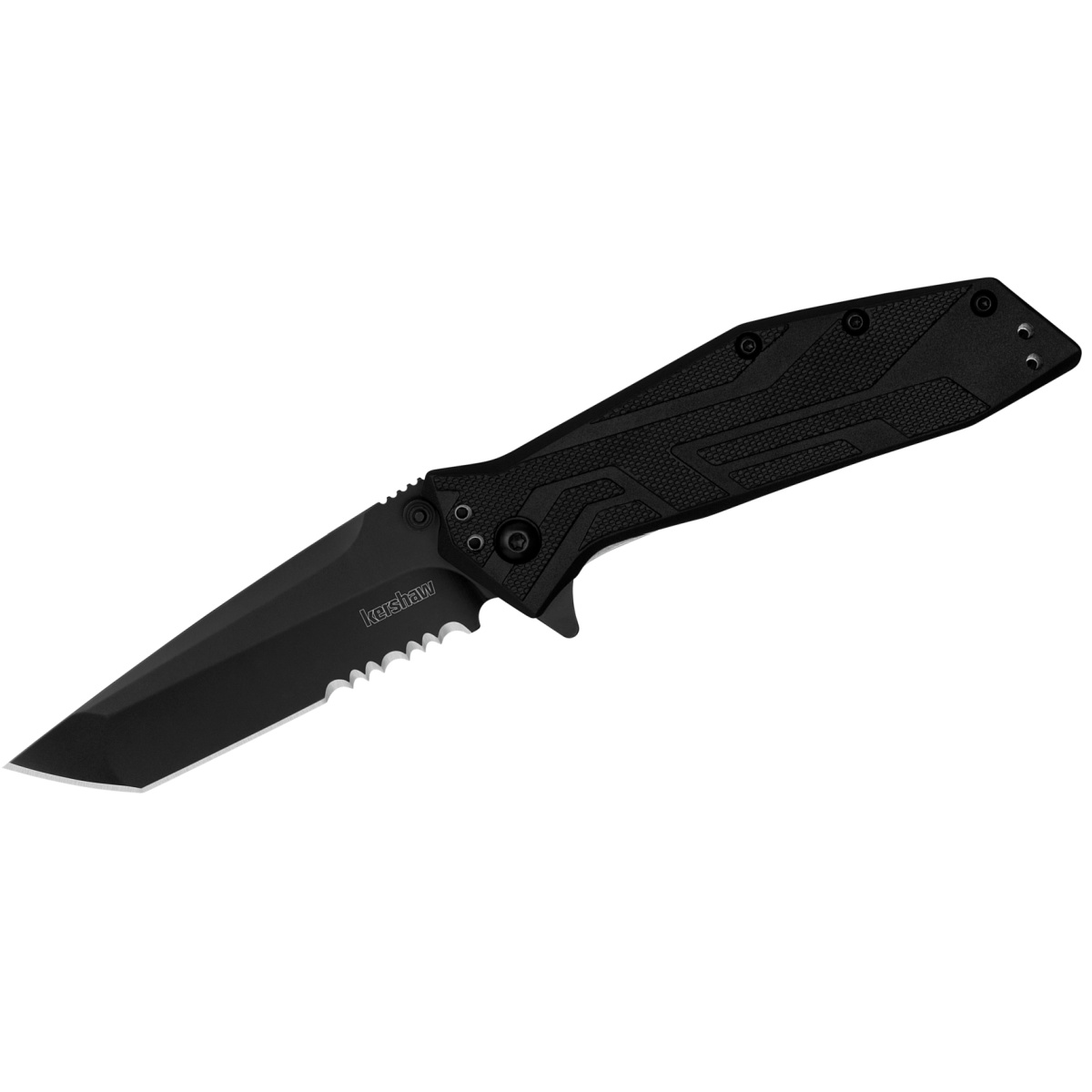 Kershaw Brawler Serrated Assisted Open Liner Lock 8Cr13MoV Tanto Blade with Black-oxide coating EDC Folding Pocket Knife - Black