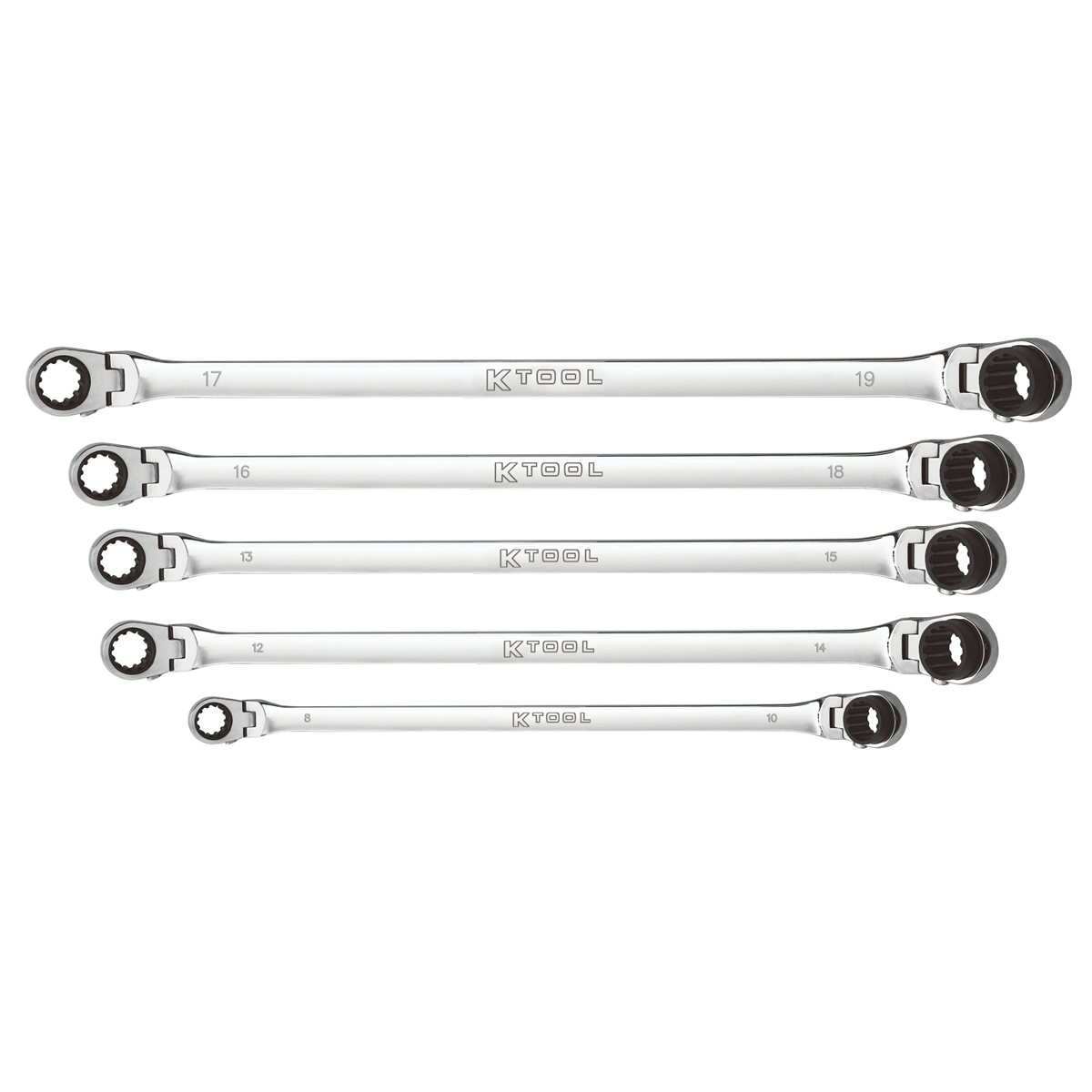 K Tool International Wrench Set 5 Piece Metric Ratcheting Reversible Double Box Flexible Extra Long Universal Spline 90 Tooth