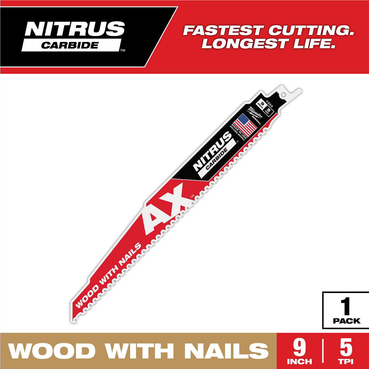 Milwaukee 9" 5 TPI AX™ w/NITRUS™ Carbide Teeth SAWZALL® Blade for Wood with Nails