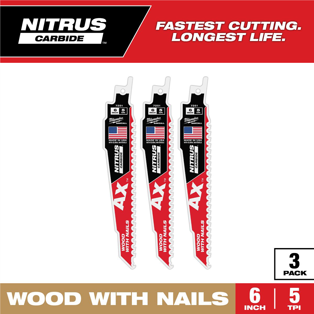 Milwaukee 6" 5 TPI AX™ w/NITRUS™ Carbide Teeth SAWZALL® Blade for Wood with Nails 3PK