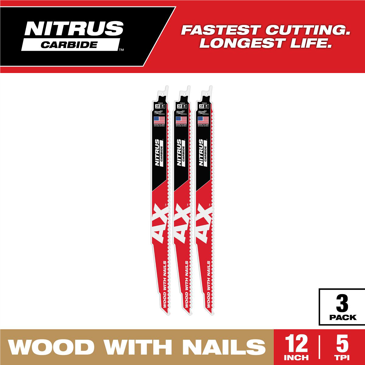 Milwaukee 12" 5 TPI AX™ w/NITRUS™ Carbide Teeth SAWZALL® Blade for Wood with Nails 3PK