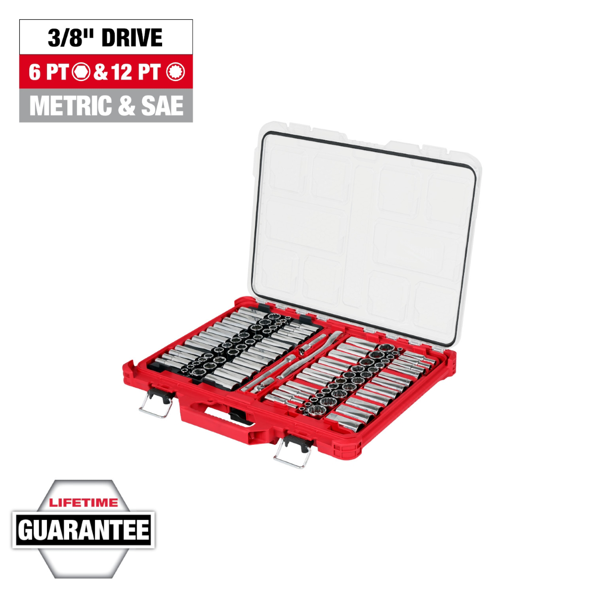 Milwaukee Tool 98pc 3/8 inch 6-Pt and 12-Pt Metric & SAE Ratchet & Socket Set with PACKOUTLow-Profile Organizer