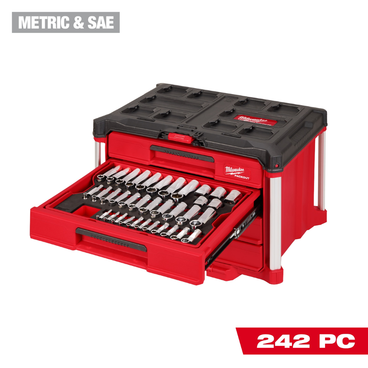 Milwaukee Tool 242 Piece 1/4 3/8 1/2 Inch Drive Metric and SAE Ratchet and Socket Set with Packout 4 Drawer Tool Box