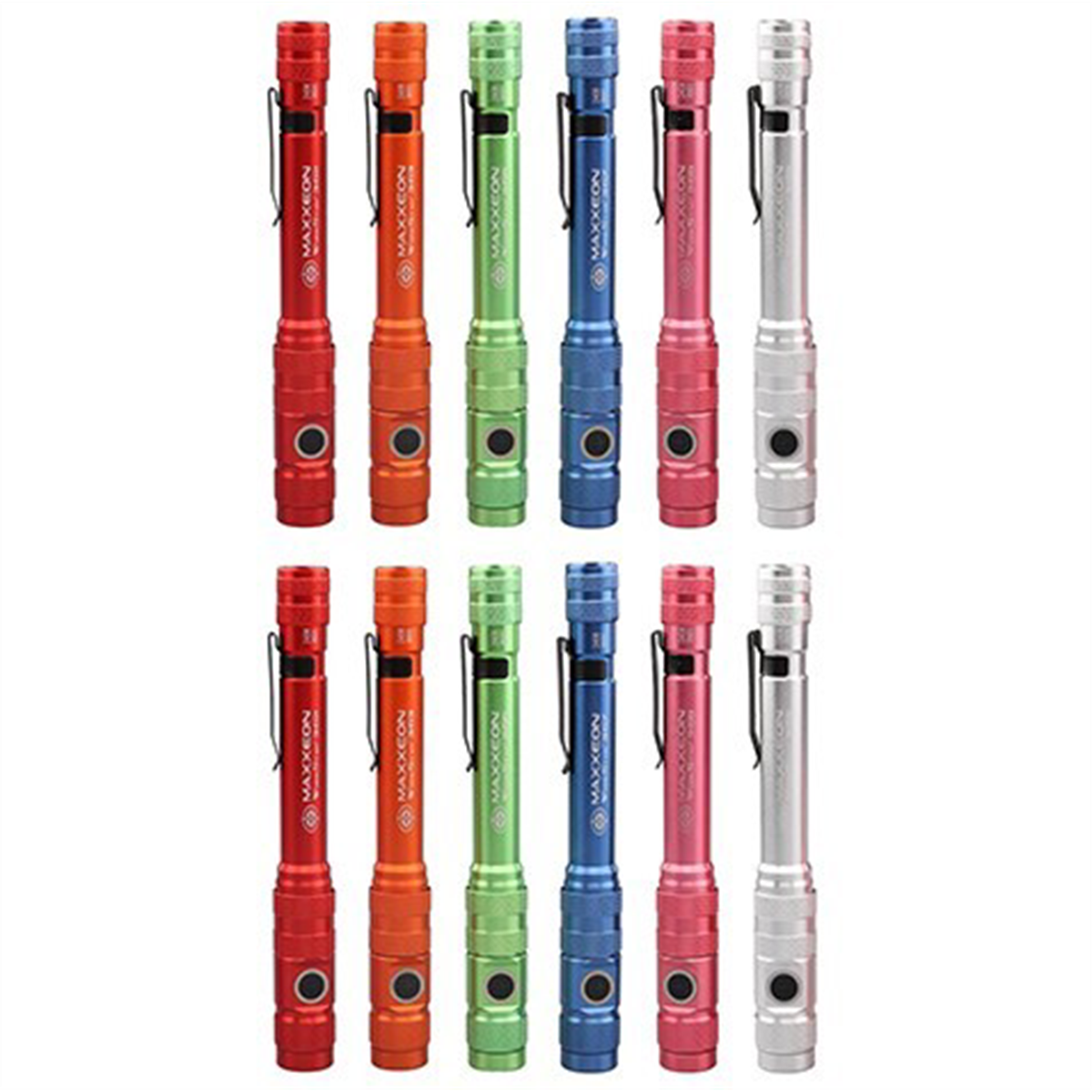 Maxxeon WorkStar Rechargable LED Zoom Penlight/Inspection Light USB-C Mixed Display of Red, Orange, Green, Blue, Pink and Silver - Pack of 12
