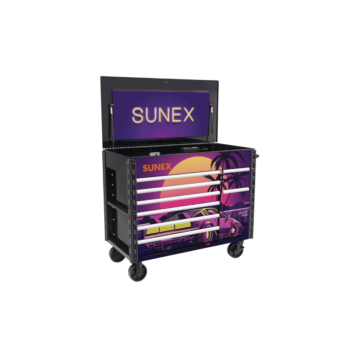 SUNEX 50 Inch 7 Drawer Power Cart With Dedicated Power Tool Storage and Power - 80s Retro
