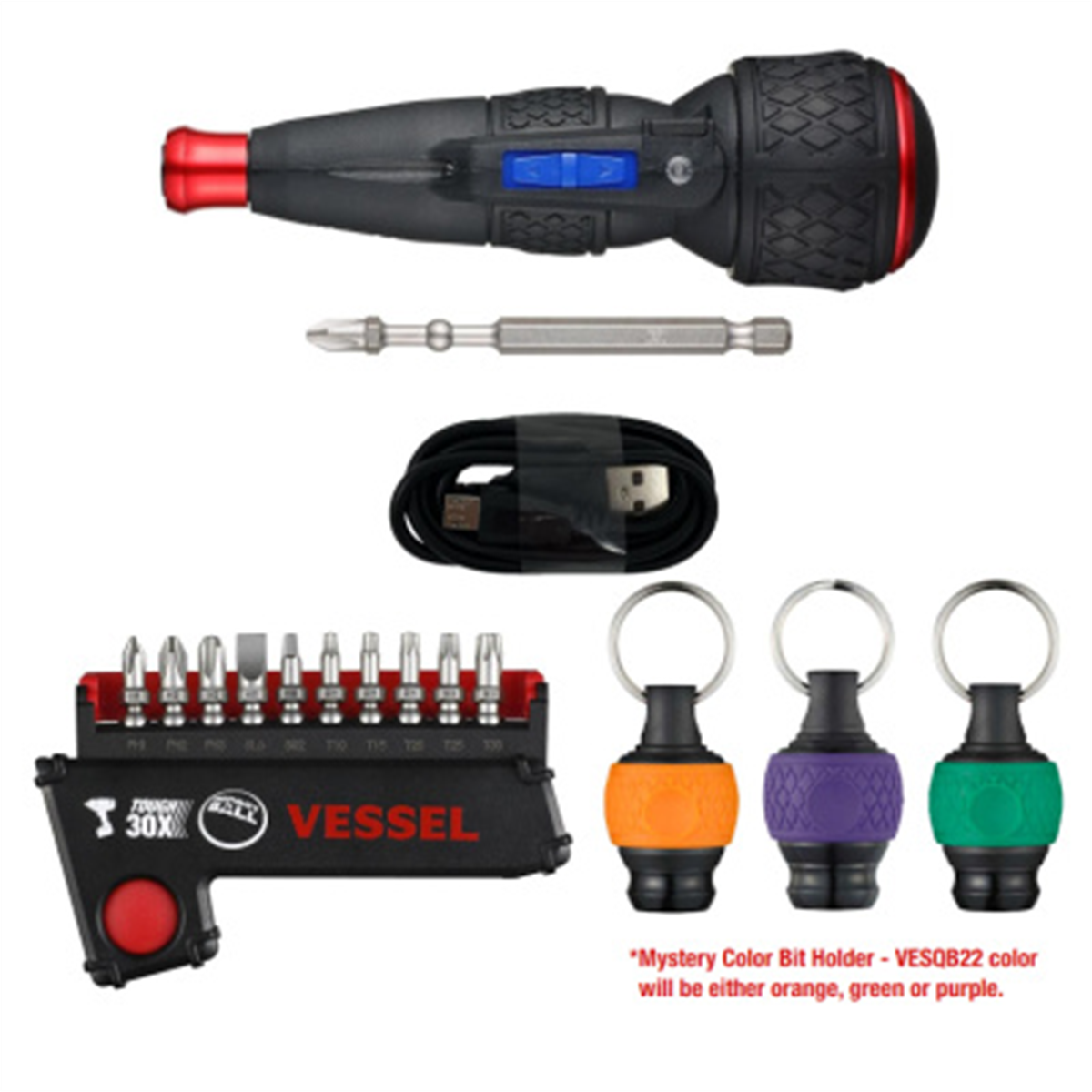 Vessel Tools 2025 Power Holiday Bundle - E-Assist Screwdriver, Bit Set, and One MYSTERY Color Bit Holder