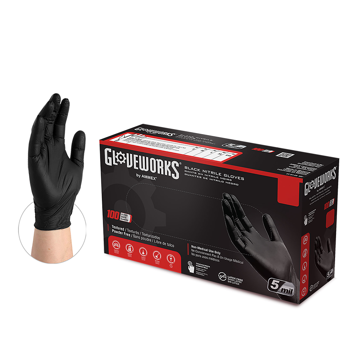 Gloveworks XL P/F, Txtred Black Nitrile Gloves (100 per Box)