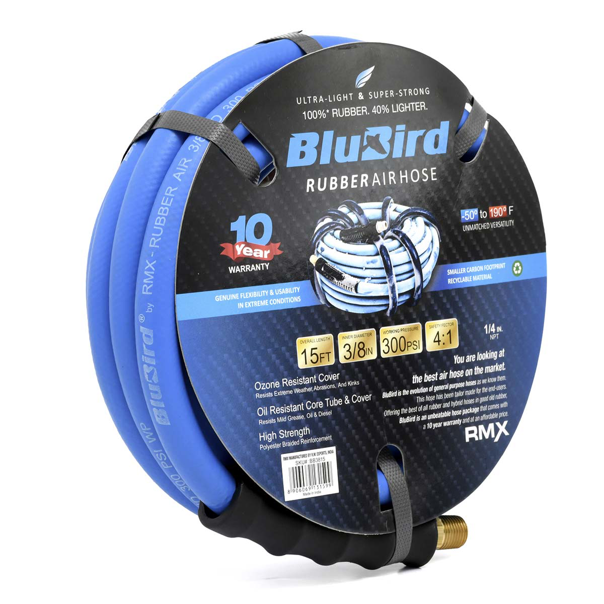 BluBird Rubber Air Hose Assembly 3/8" x 15'