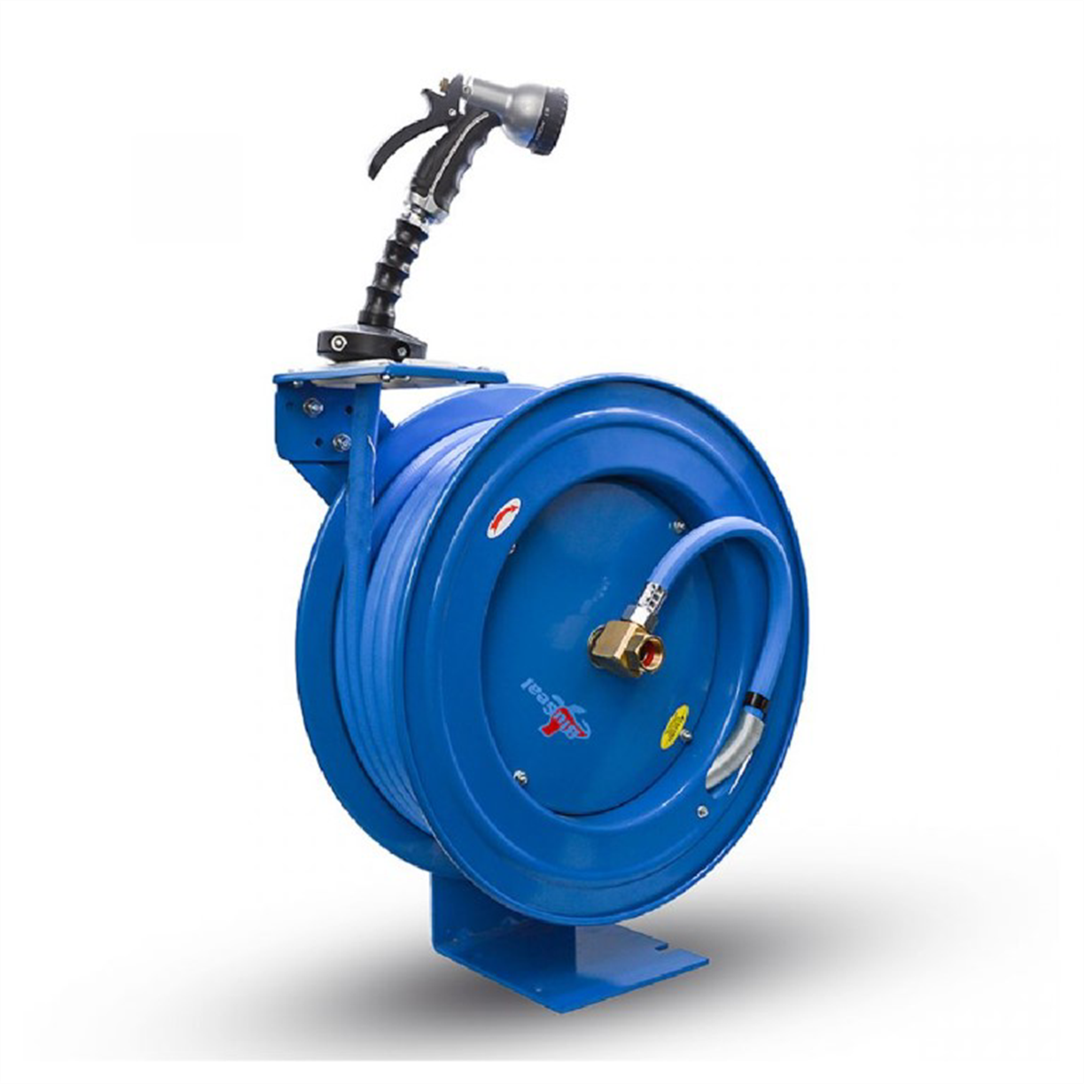 BluBird BluSeal 5/8 Inch x 50 Foot Heavy Duty Retractable Water Hose Reel with 6 Foot Lead-in Hot Water 500 PSI Hose with Brass Fittings and Spray Nozzle