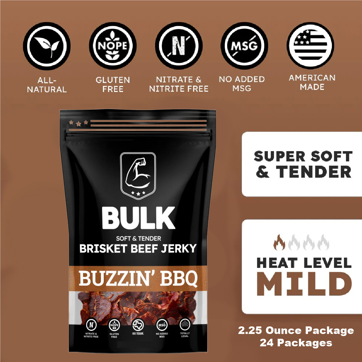 BULK Jerky Buzzin BBQ Brisket Beef Jerky - 2.25 ounce package (24 packages)