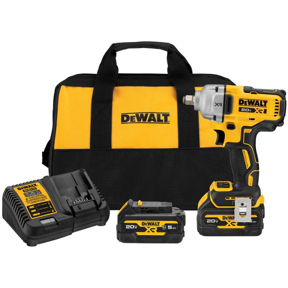 DeWalt 20V MAX XR 1/2 Inch Mid-Range Impact Wrench With Hog Ring Anvil And Oil-Resistant Batteries Kit