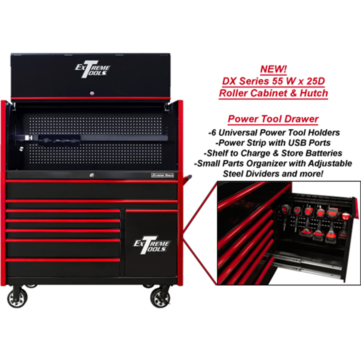 Extreme Tools DX Series 55in W x 25in D Extreme Power Workstation Hutch and 8-Drawer Roller Cabinet w Power Tool Drawer Black w Red Drawer Pulls