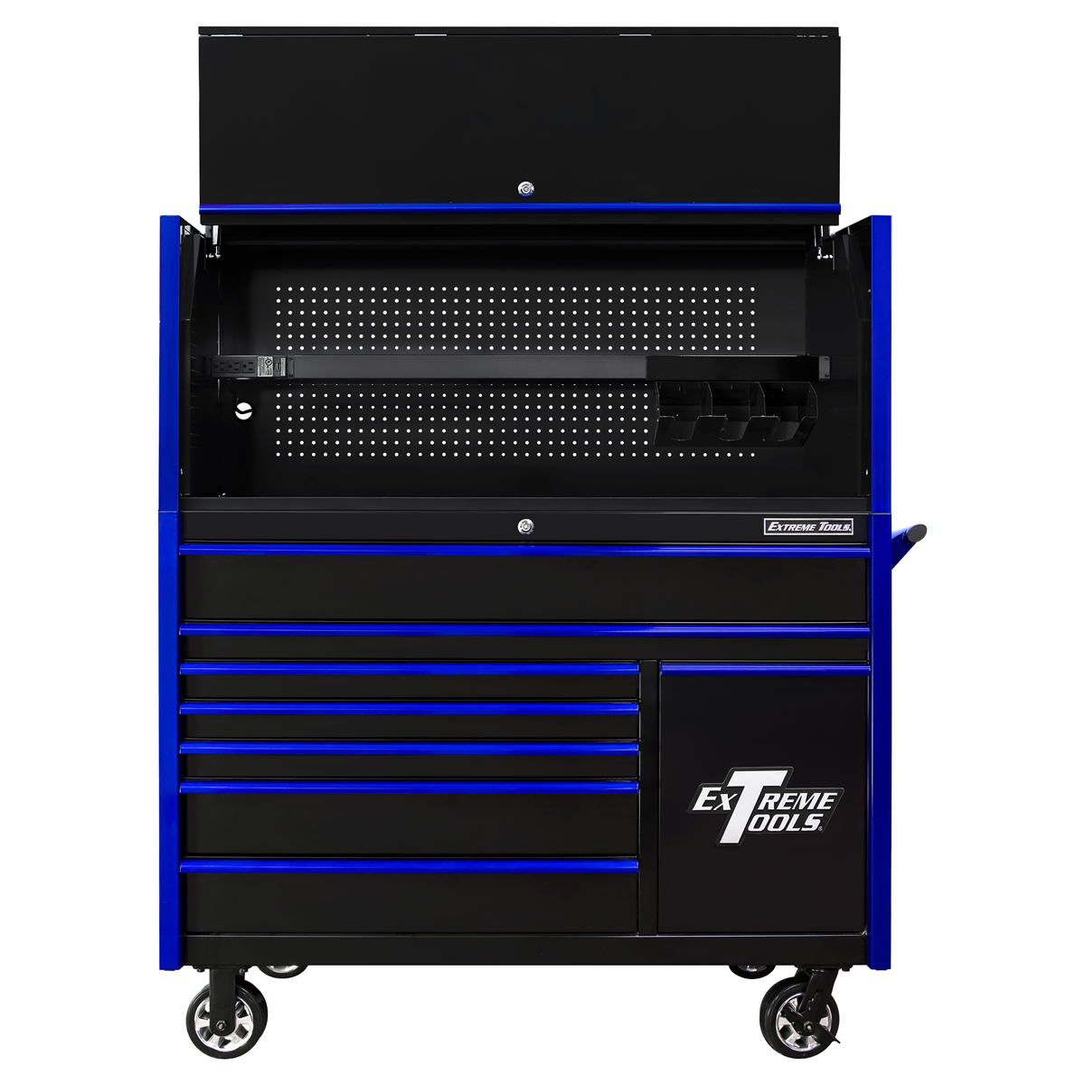 Extreme Tools DX Series 55in W x 25in D Extreme Power Workstation Hutch and 8-Drawer Roller Cabinet w Power Tool Drawer Black w Blue Drawer Pulls