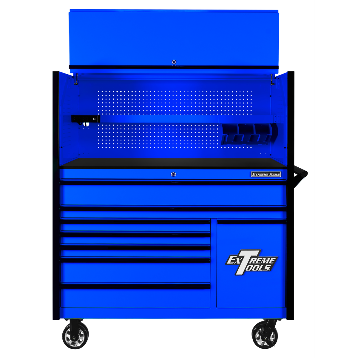 Extreme Tools DX Series 55in W x 25in D Extreme Power Workstation Hutch and 8-Drawer Roller Cabinet w Power Tool Drawer Blue w Black Drawer Pulls