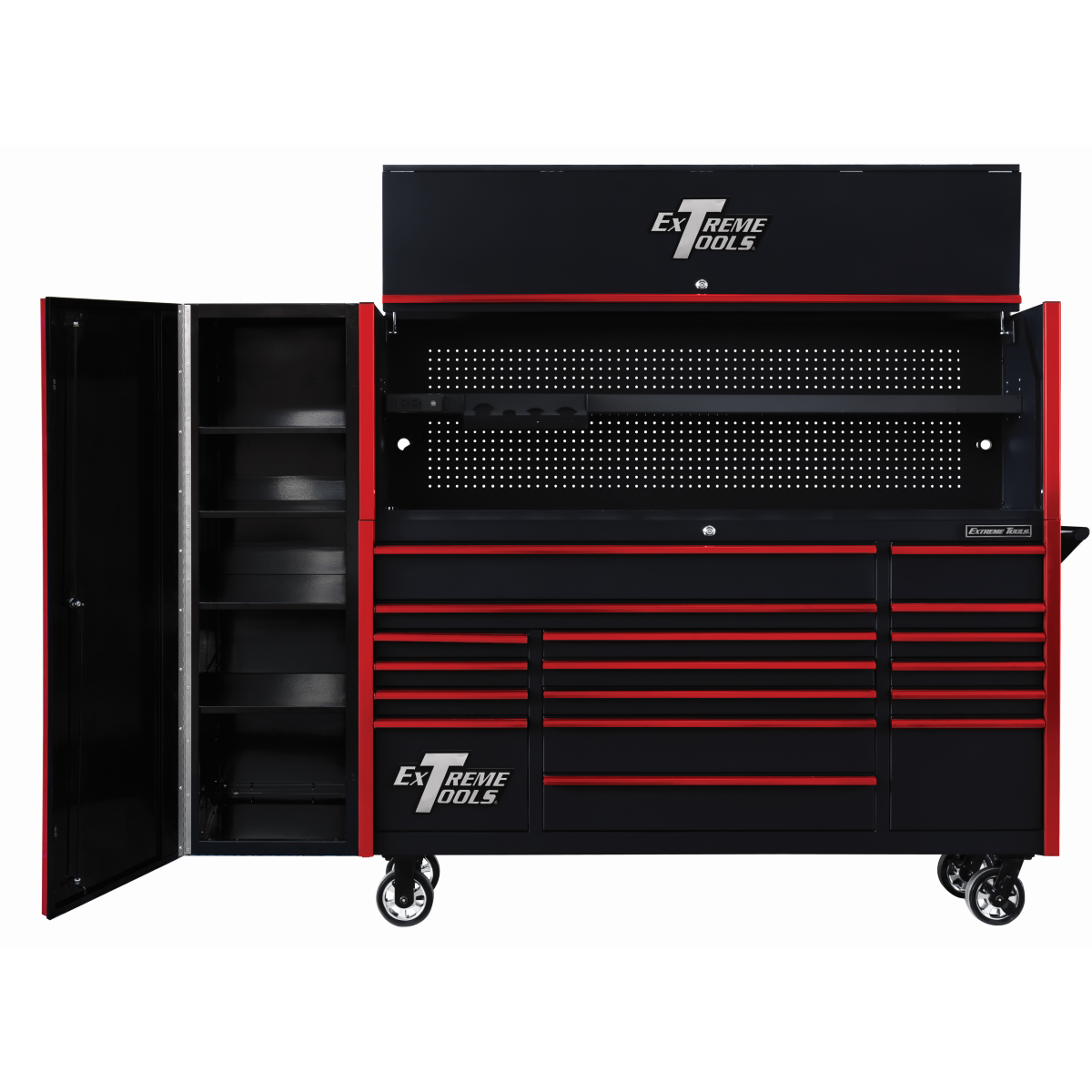 Extreme Tools DX Series 72in W x 21in D Extreme Power Workstation Hutch, 17-Drawer Roller Cabinet and 19in Side Locker Combo, Black w Red Drawer Pulls