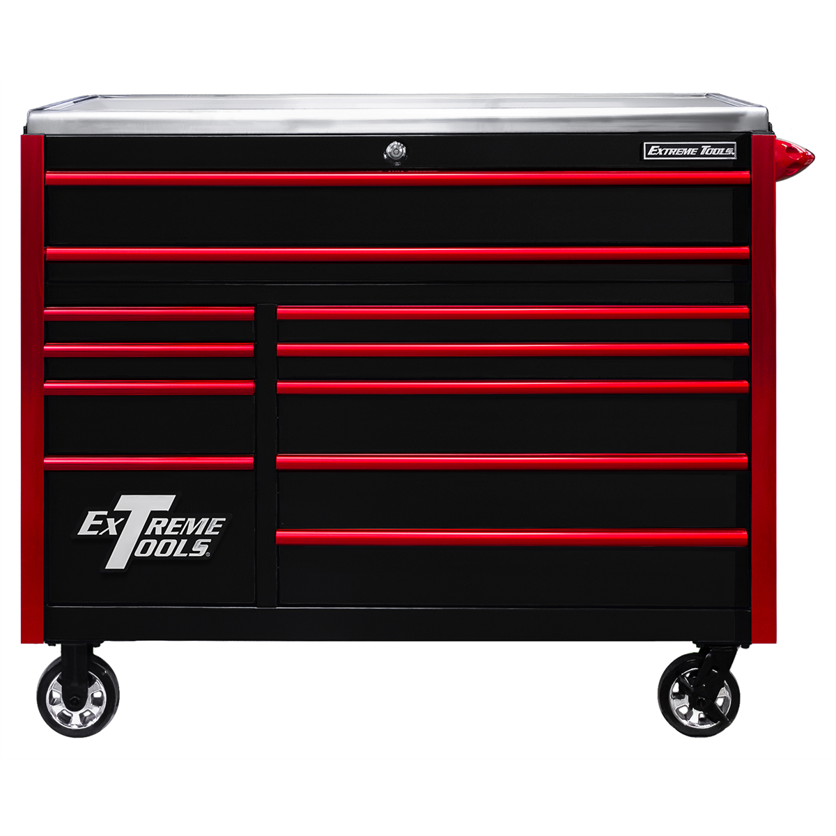 Extreme Tools EXQ Series 55inW x 30inD 11 Drawer Professional Roller Cabinet 300 lbs Slides Black with Red EX Quick Release Drawer Pulls and Trim