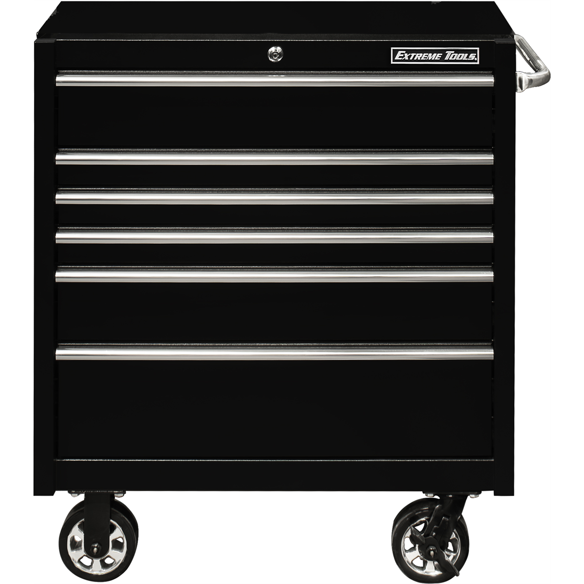 Extreme Tools PWS Series 36in W x 25in D x 42.5in H 6-Drawer Roller Cabinet 100 lbs Slides, Textured Black w Chrome Drawer Pulls