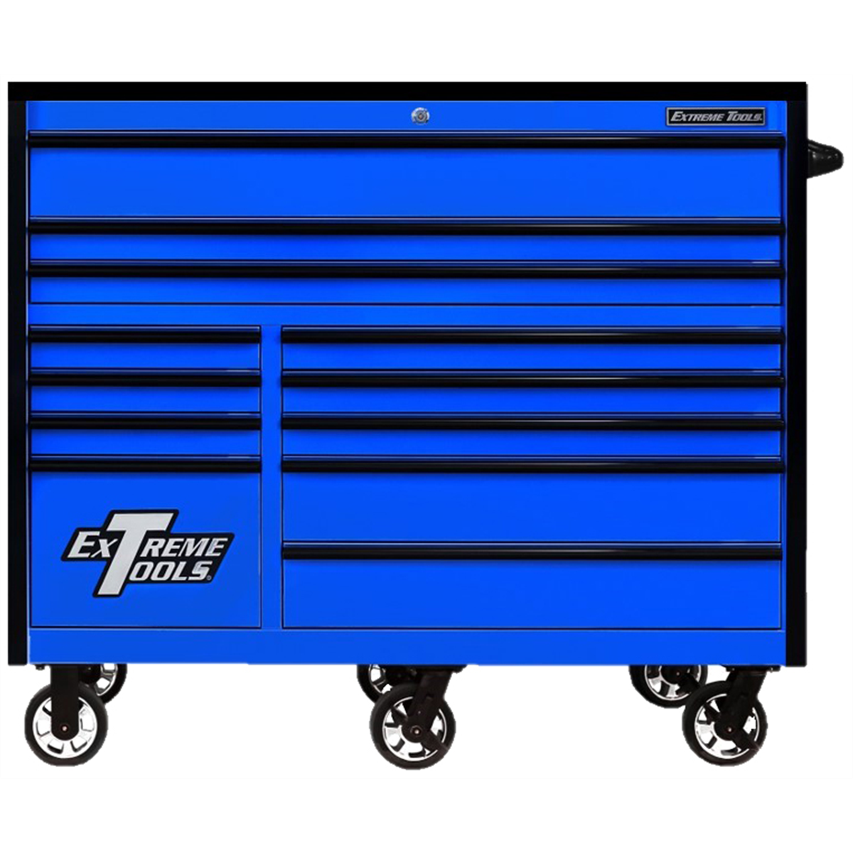 Extreme Tools Extreme Tools RX Series Professional 55"W x 25"D 12 Drawer Roller Cabinet 150 lbs slides Blue, Black Drawer Pulls