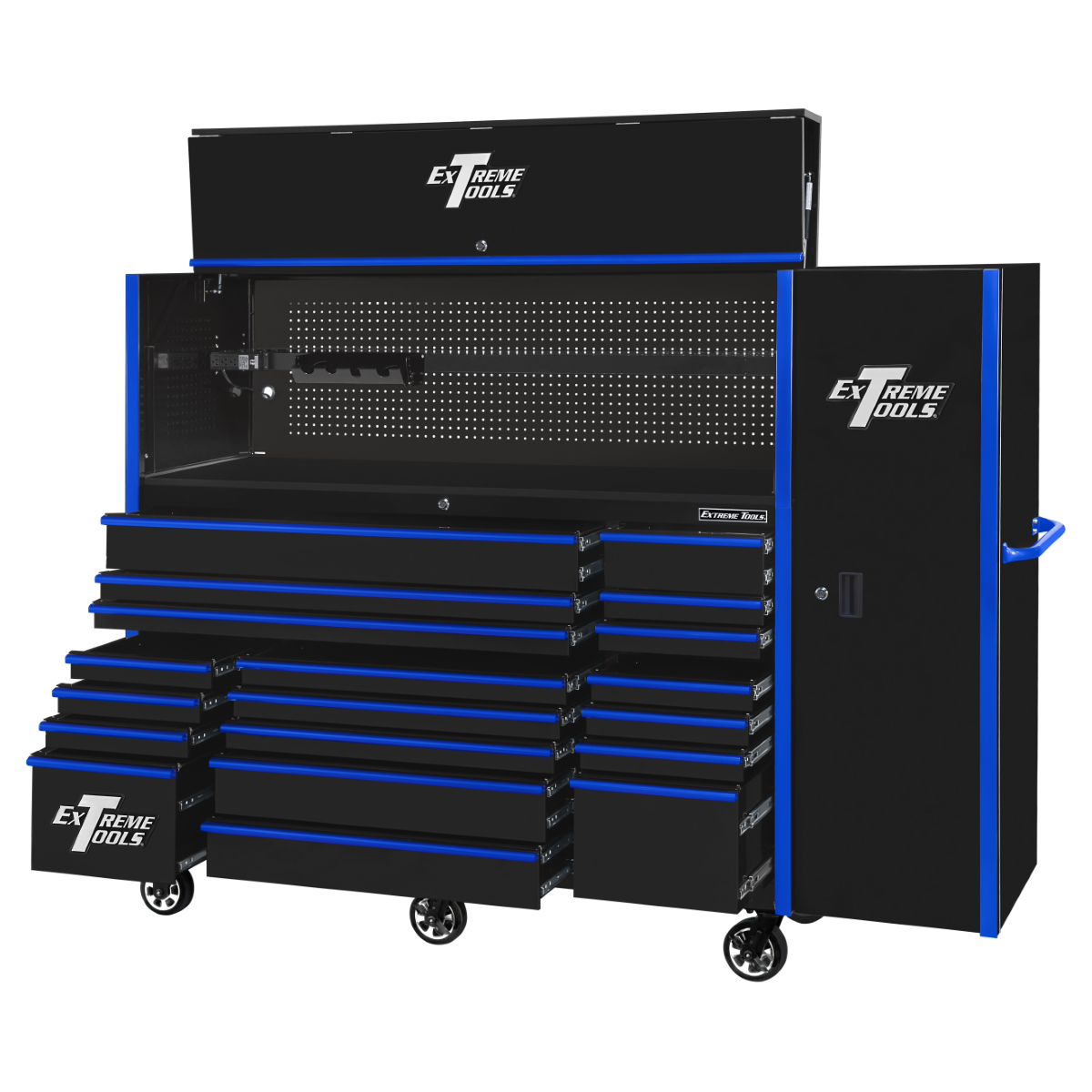 Extreme Tools RX Series 72in W x 25in D Professional Extreme Power Workstation Hutch, 19-Drawer Roller Cabinet-150 lbs Slides and 19in 3-Drawer Side Locker Combo, Black w Blue Dr Pulls