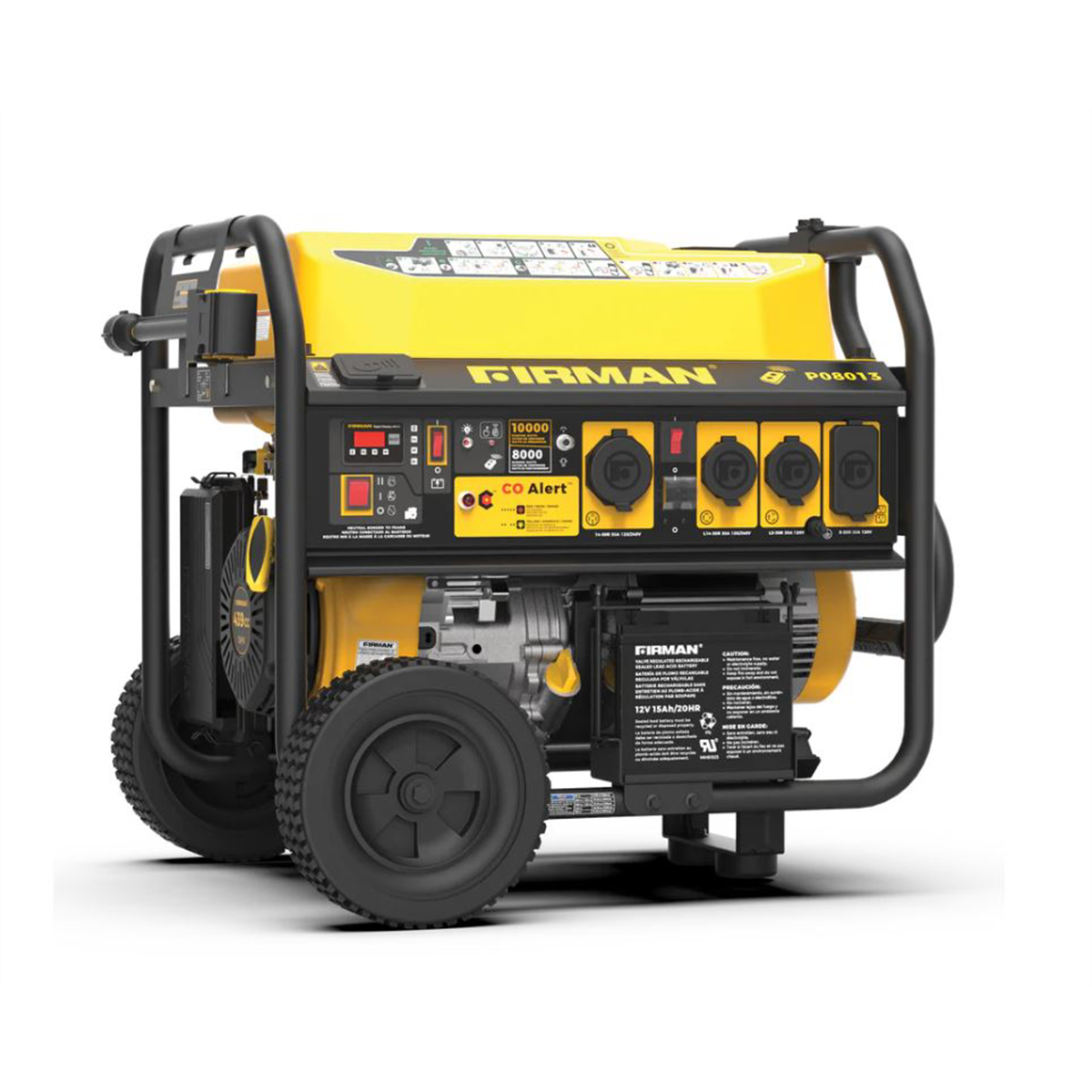 Firman Generator, 8000W/10,000W, Gasoline, Remote Start, 120/240V, w/ Wheel Kit, CO Alert, Adapter, Short Power Cord and Cover