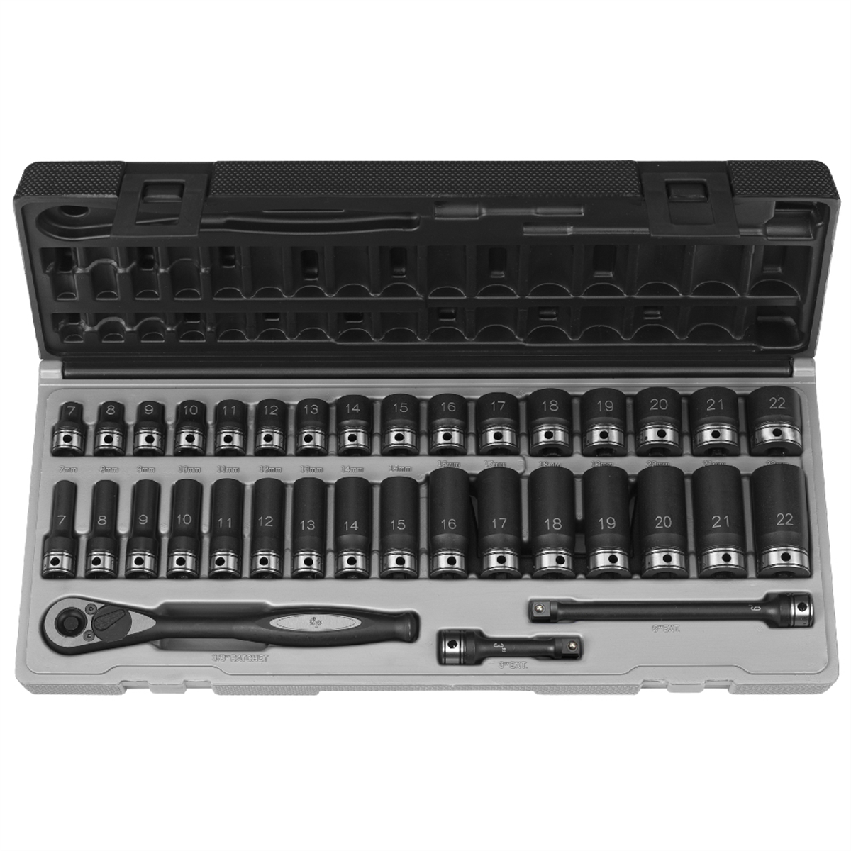 Grey Pneumatic 3/8" Drive 35 Piece Metric Std & Deep Duo-Socket Set - 6 Point