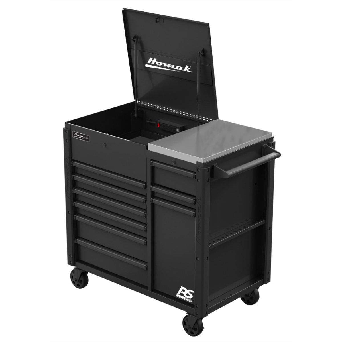 Homak Manufacturing 44 Inch RS Pro 9 Drawer Flip Top Power Service Cart w/ Workstation - Black
