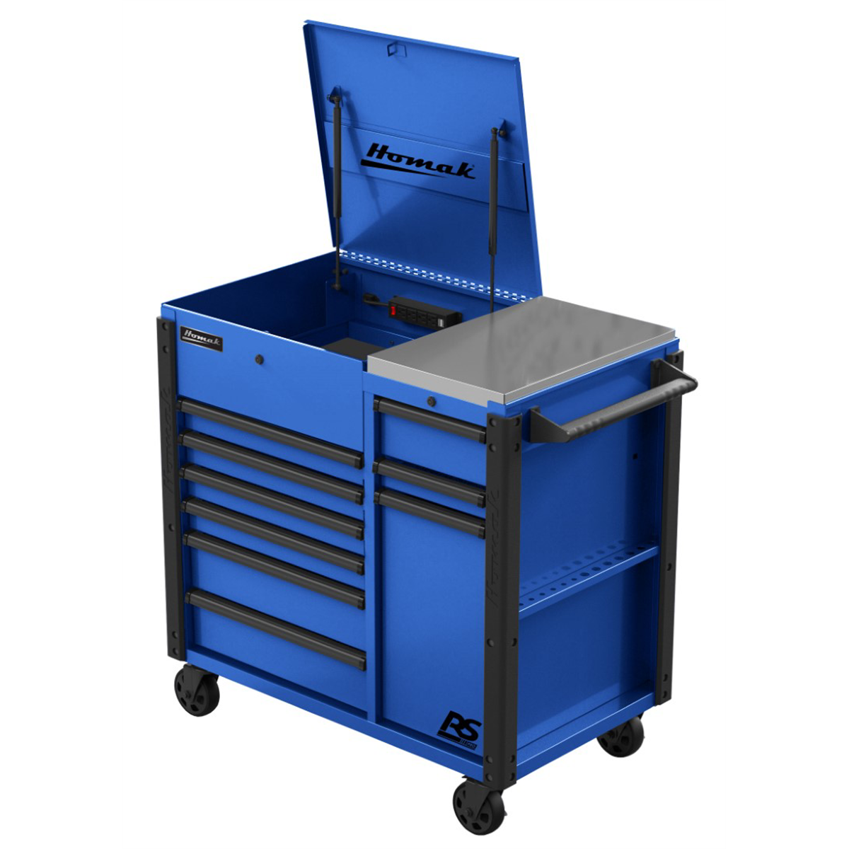 Homak Manufacturing 44 Inch RS Pro 9 Drawer Flip Top Power Service Cart w/ Workstation - Blue