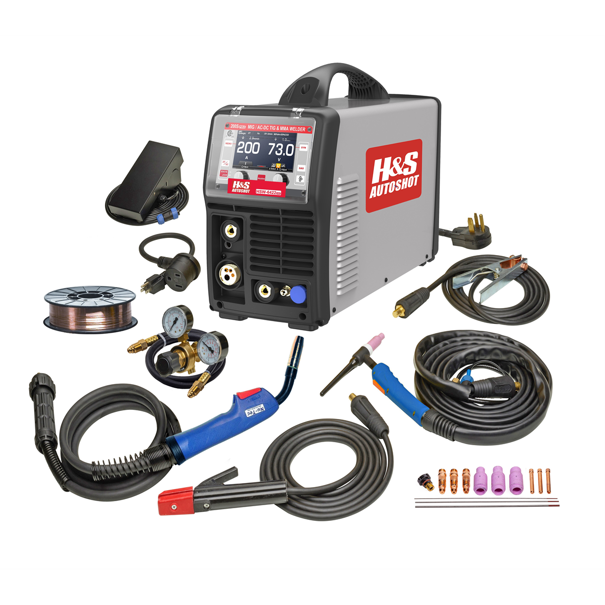 H&S AutoShot HSW-6422 Smart Multi-MIG Welder 200 Amp with 16 S-MIG Programs, AC/DC TIG and Stick (110-240VAC)