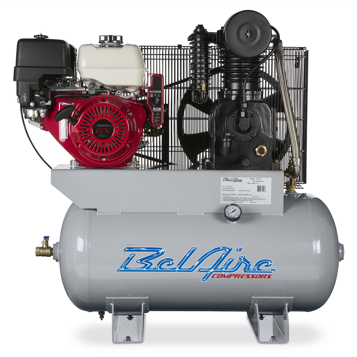 IMC (Belaire) 13 HP 30 Gallon 175 PSI Air Compressor 13 HP Honda GX 390 Gas Drive 30 Gallon Horizontal 175 PSI 23 CFM C1 Pump