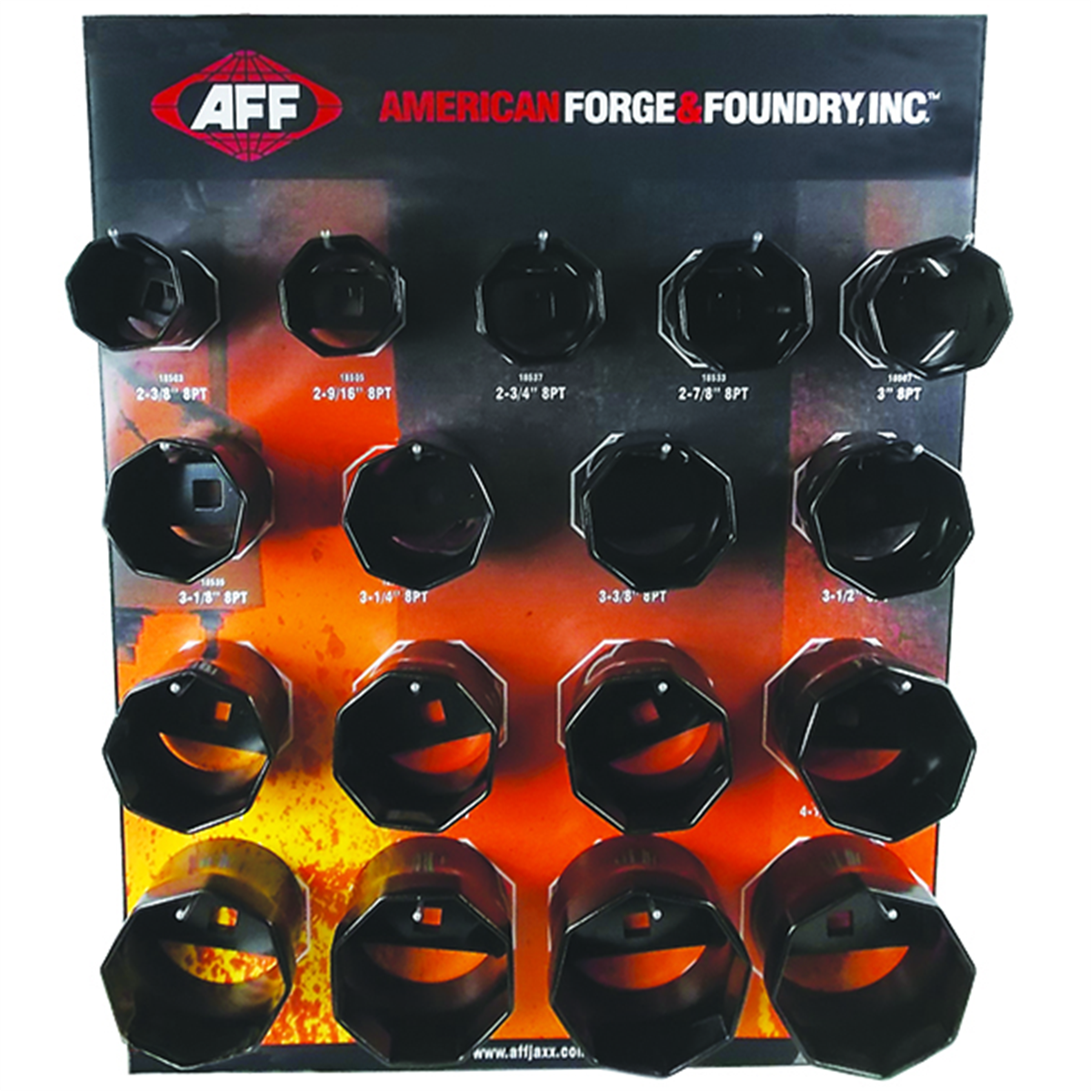 American Forge & Foundry Axle Nut Socket Display Kit - 8 pt - Includes Quantity 17, 8 Point Axle Nut Sockets and Display Board